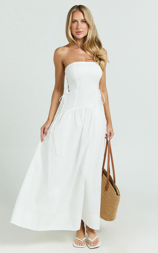 Mikkie Midi Dress - Strapless Drop Waist Side Detailing Dress in White