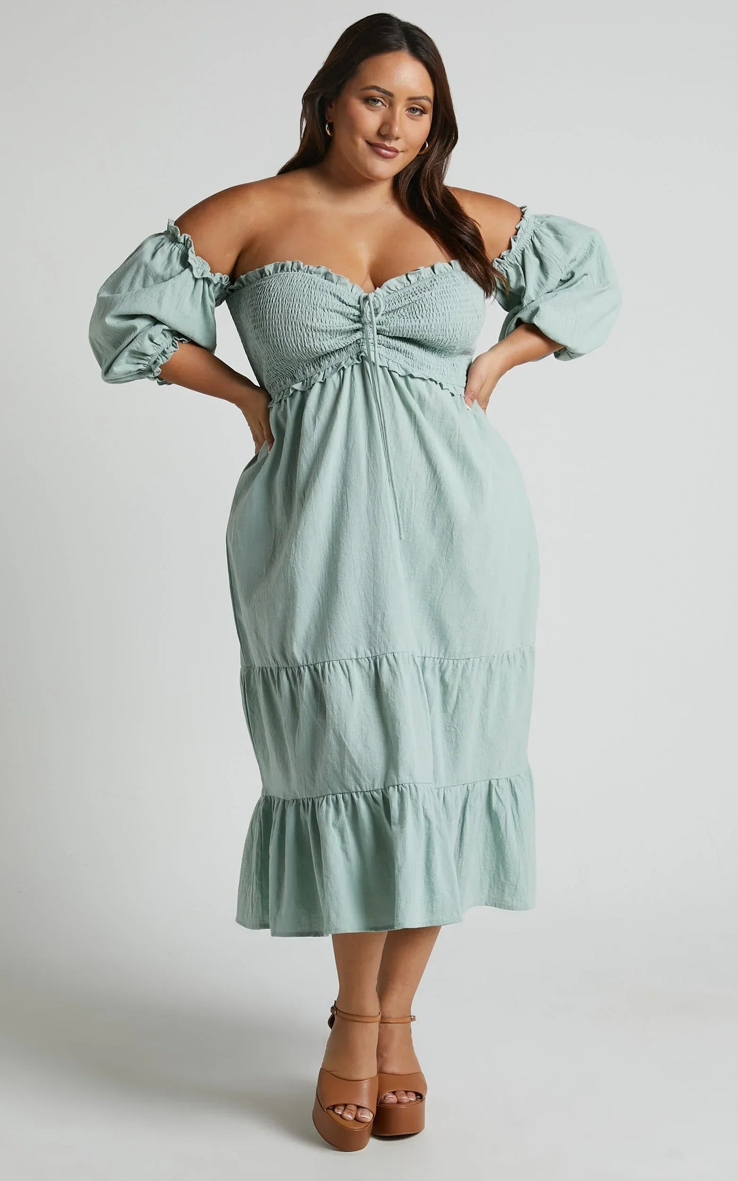 Nikka Midi Linen Blend Dress - Shirred Off Shoulder Puff Sleeve Dress in Sage